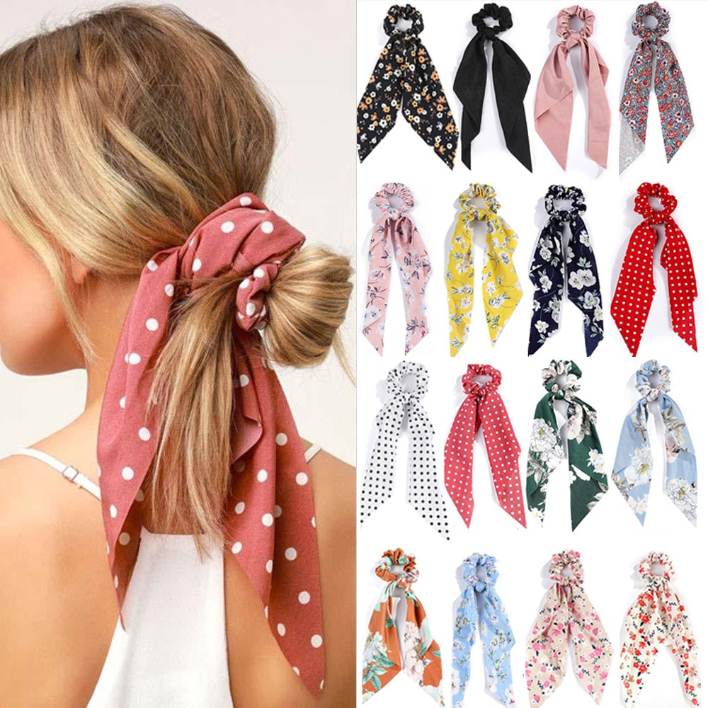 Stampa di moda Chiffon Long Ribbon Scrunchies Women Girls Gata Coda di cavallo Scarf Elastico Bande per capelli Elastico legami Accessori per capelli all'ingrosso