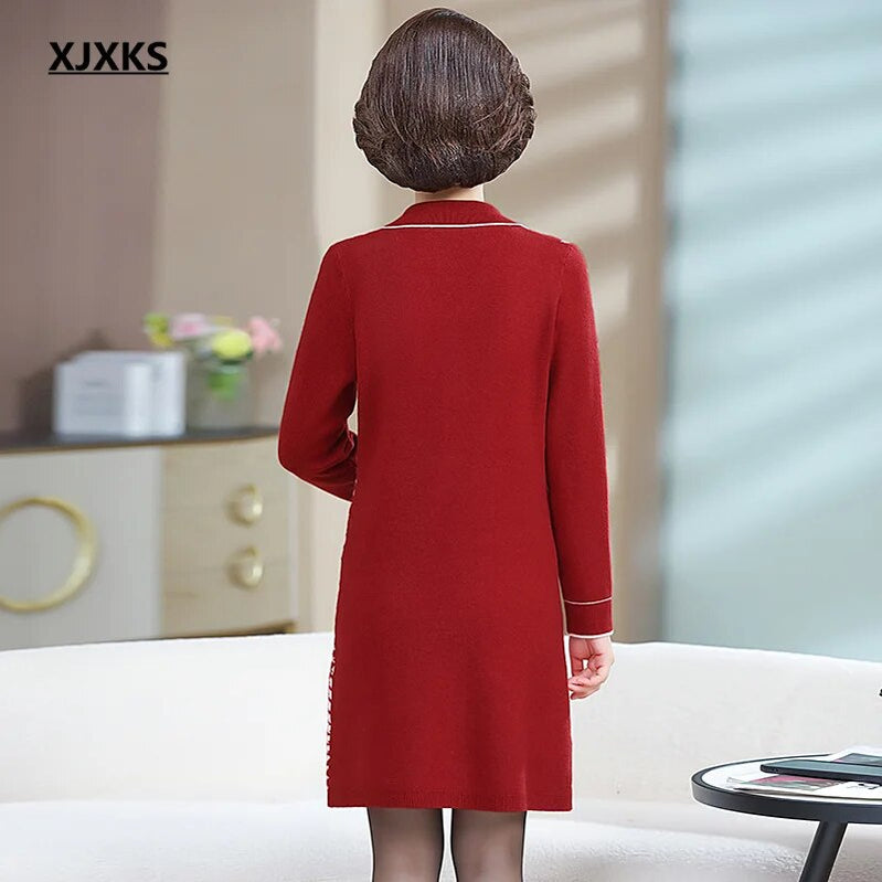 Temperament Lapel Women's Long Sweater 2024 Autumn And Winter New Comfortable Wool Knit Dress Ladies Pullover