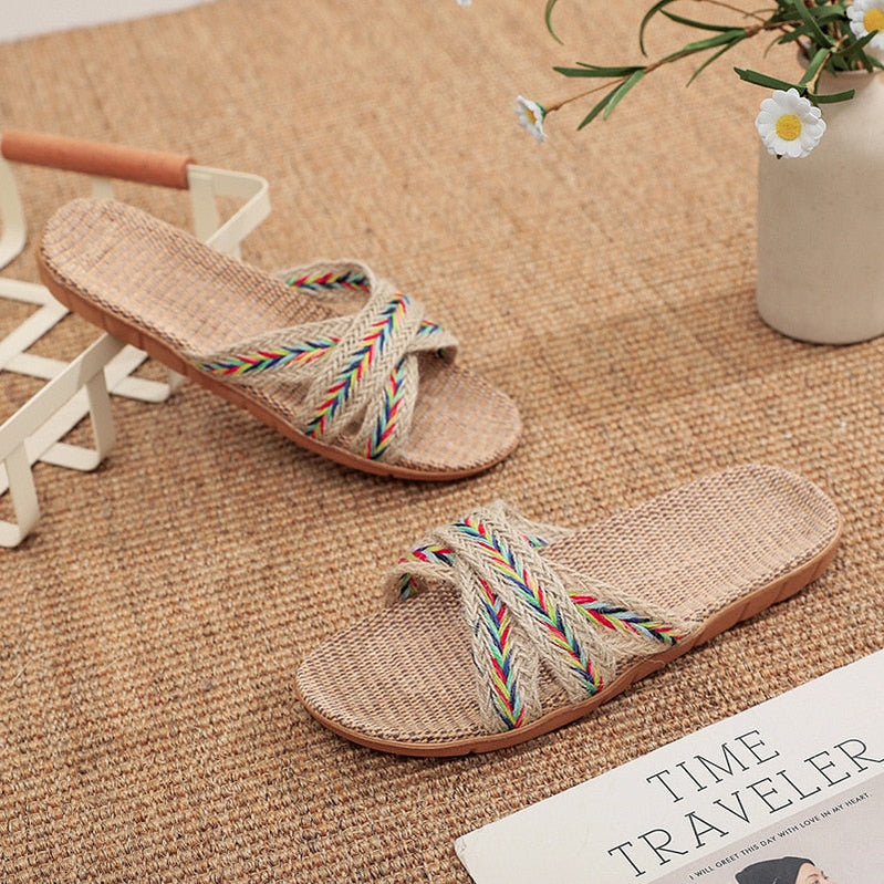Summer Natural Flax Slippers Women Sandals Comfortable Non-slip Ladies Home Cross-tied Casual Indoor Shoes Multicolor