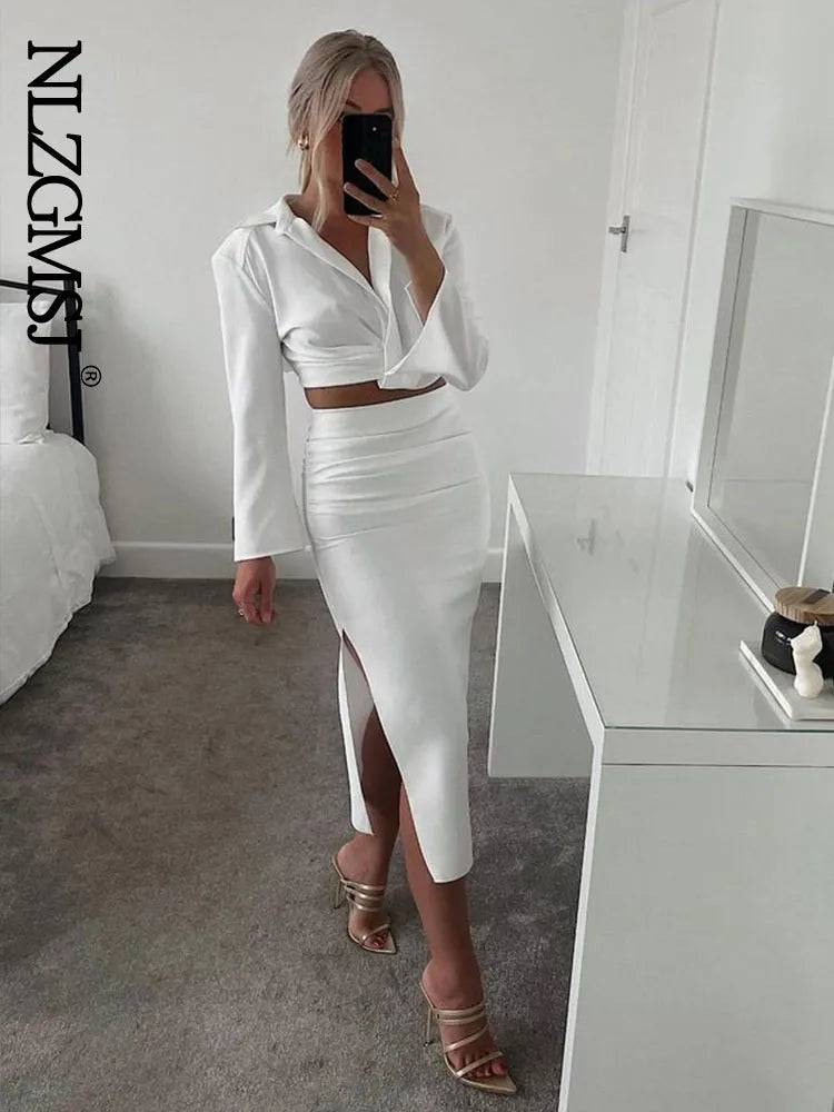 Skirts Womens Two Piece Set Linen Blend Cropped Women Shirt Draped Skirt Autumn Fashion Casual Dress Sets