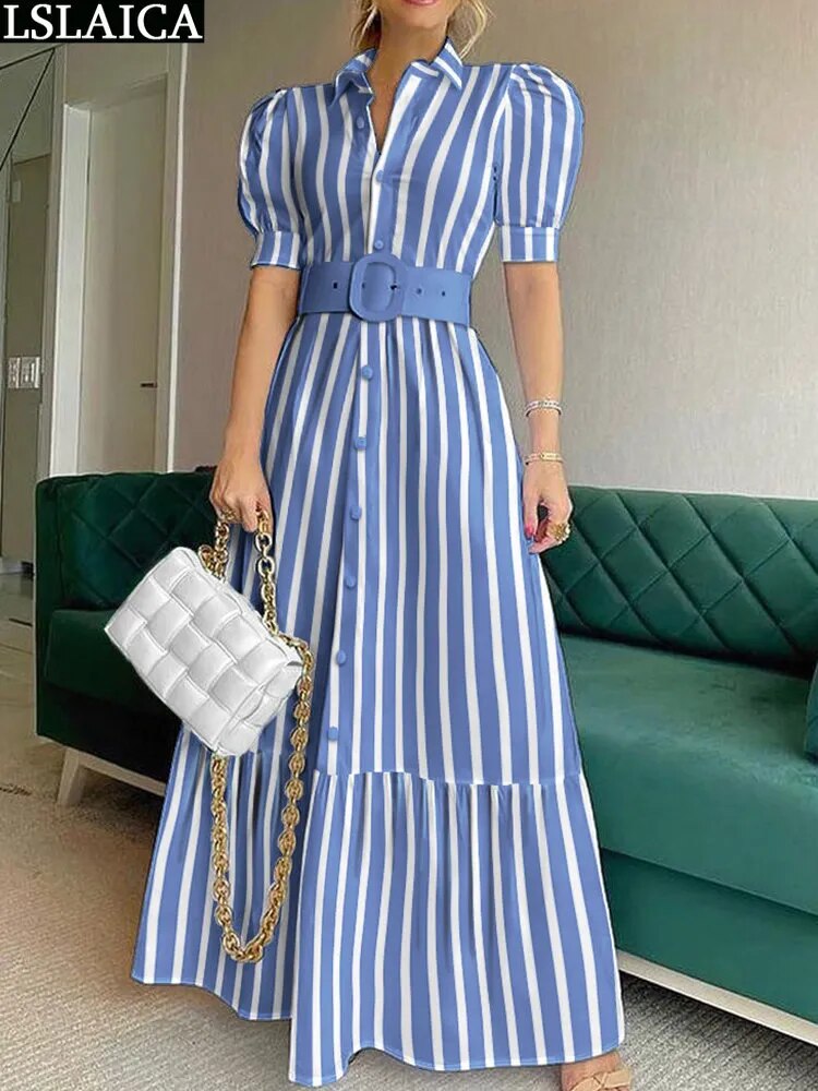 Short Sleeve Elegant Party Dresses For Women High Waist Gowns Button Design Women's Luxury Fashion Summer Clothes Chic Long