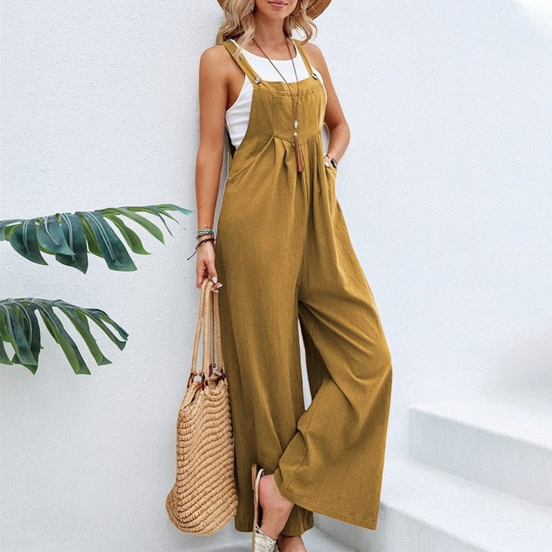 Vintage Cotton Linen Jumpsuit Women 2023 Casual Solid Button Wide Leg Suspender Pants with Pockets Summer Loose Overalls Rompers Ginger