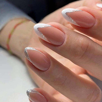 24Pcs/Set Fake Nails With Glue Full Cover Nail Tips Press On Med Nails DIY Manicure Oval Head False Nails Pink Almond Artificial