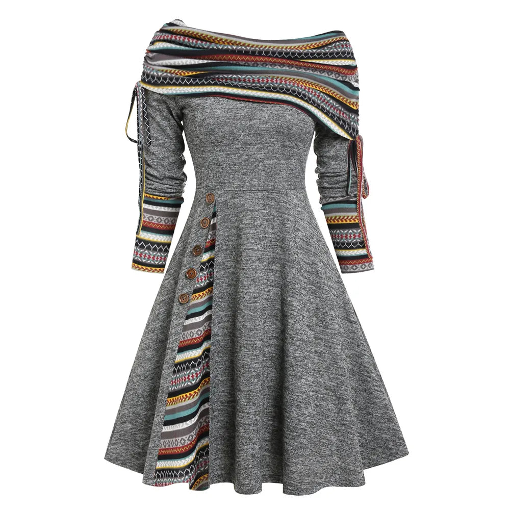 Convertible Cinched Striped Flare Dress Foldover Off The Shoulder Knitted Dresses Women Long Sleeve Jurken