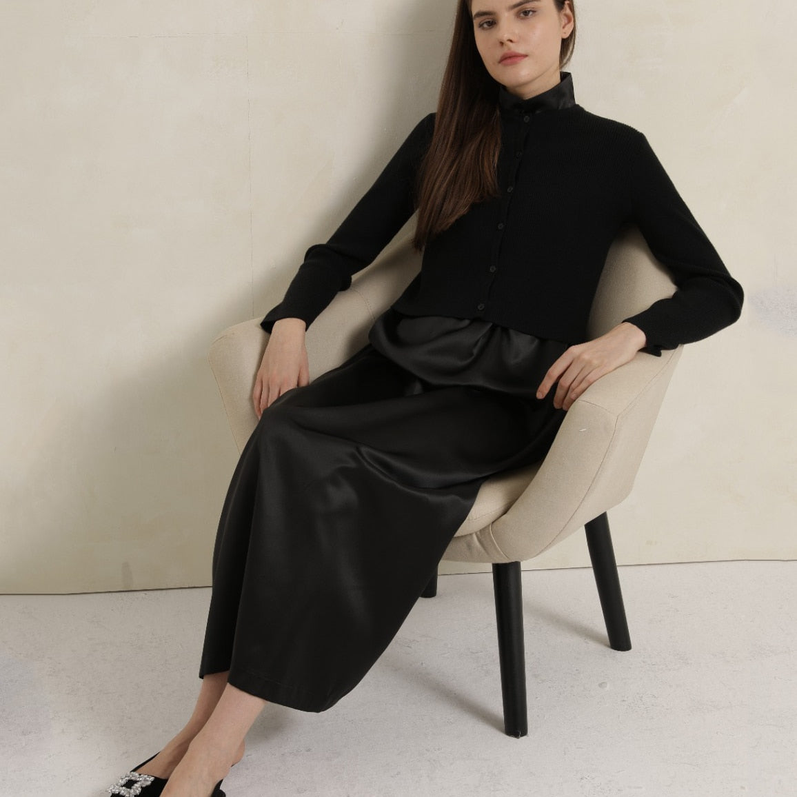 AP V Neck Satin Maxi Dress Rib Modal Mock Neck Fall Women Dress Three Colors