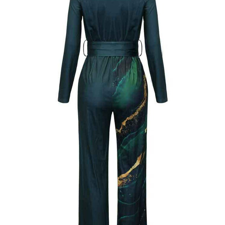 Print Jumpsuit Women Autumn and Spring New Fashion Long Sleeve Lapel Loose Casual Elegance Green Jumpsuits