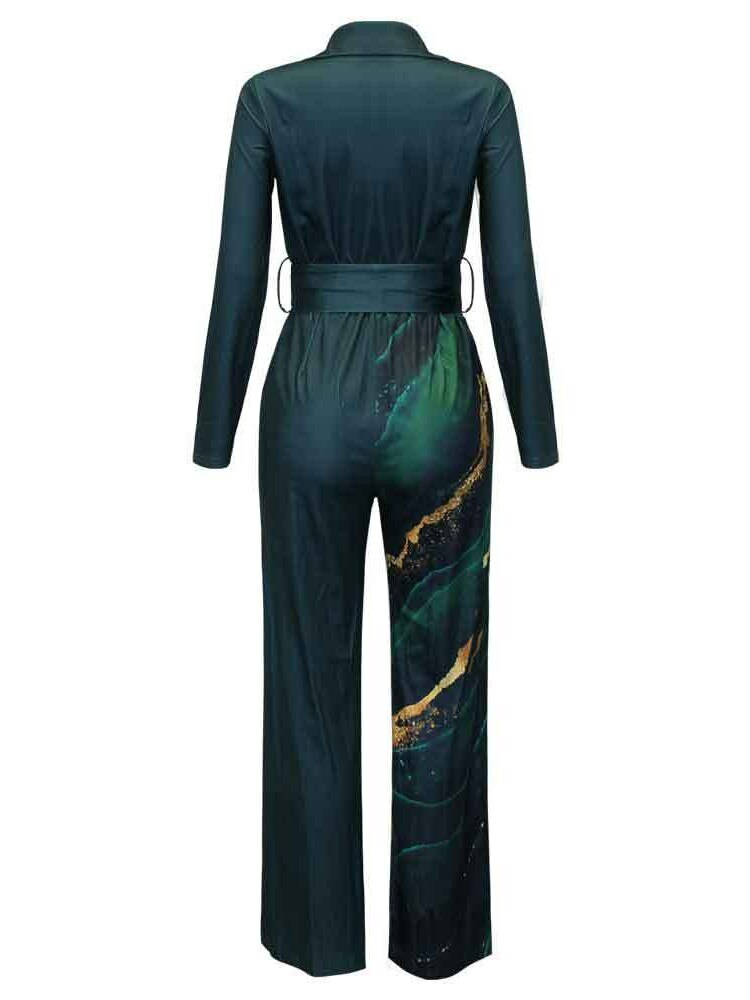 Print Jumpsuit Women Autumn and Spring New Fashion Long Sleeve Lapel Loose Casual Elegance Green Jumpsuits