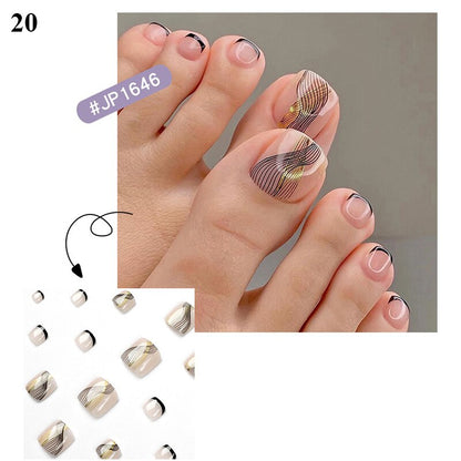 False Toenail 24Pcs/Box Toe Nail 3D Glitter Decor Press On Fake Nails With Glue Detachable Square Short Full Cover DIY Nail Tips