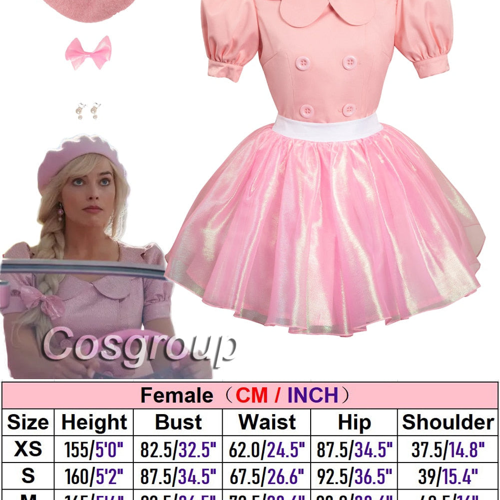 Margot Cosplay Kawaii Pink Plaid Dress Women Costume Movie Barbei Roleplay Fantasia Halloween Party Clothes For Disguise Style Q