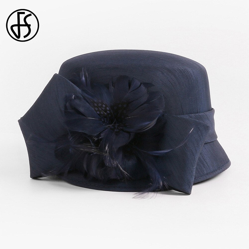 FS Luxury Woman Sun Hat Wedding Ceremony Fashion Elegant Millinery Tea Party Bowler Cap Flower Feather Bucket Hats Female