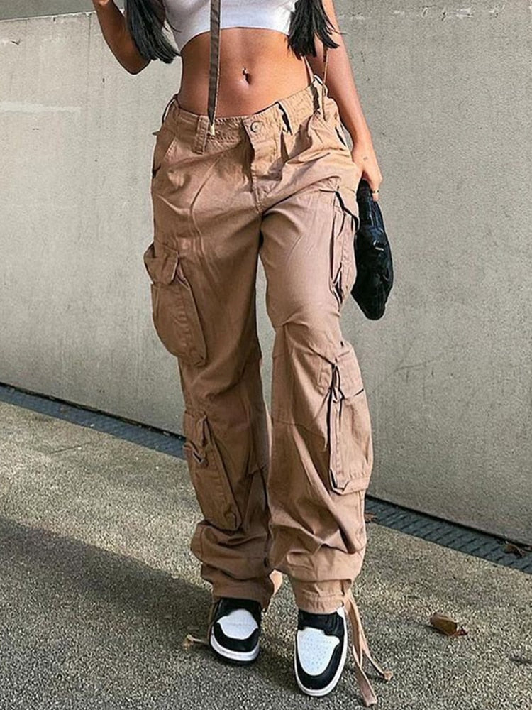 Vintage Cargo Pants Baggy Jeans Women Fashion 90s Streetwear Pockets Wide Leg High Waist Straight Y2k Denim Trousers Overalls Khaki