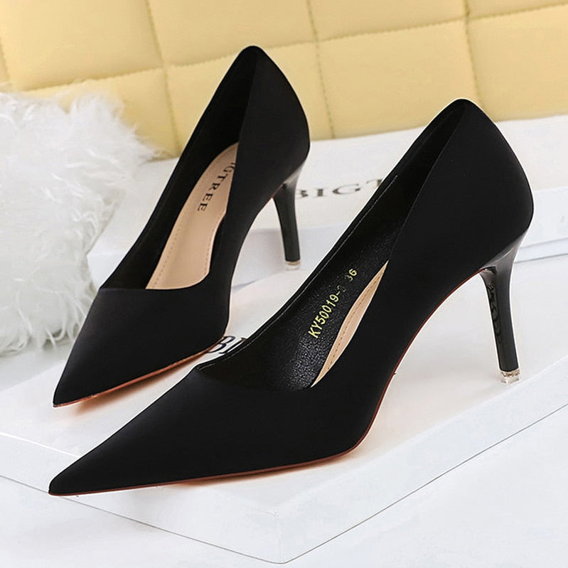 BIGTREE Shoes Satin Women Pumps New Purple High Heels Fashion Women Shoes Stiletto Luxury Noble Party Shoes Women Heels black-7.5cm