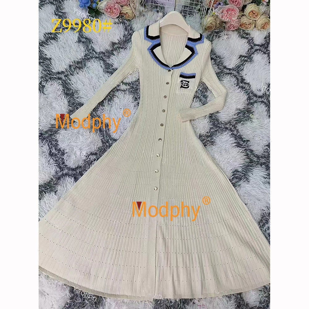 Modphy Elegant Slim Knitted Long Dress Women's Single breasted Long sleeved Designer Slim Vintage Dresses Autumn Apricot long sleeves