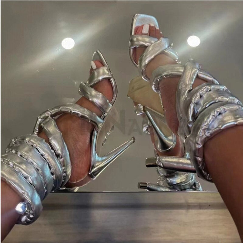 Summer Square Head Slim High Heel Sandals Wrapped Around The Feet Fashion Show Dress 43 Large Women's Sandals