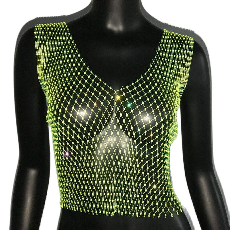 Women's Fishnet Rhinestone Crop Top 2023 Summer Sexy Mesh High Elastic Black White Shirt Net See Through Rave Diamond Tank Top green V neck