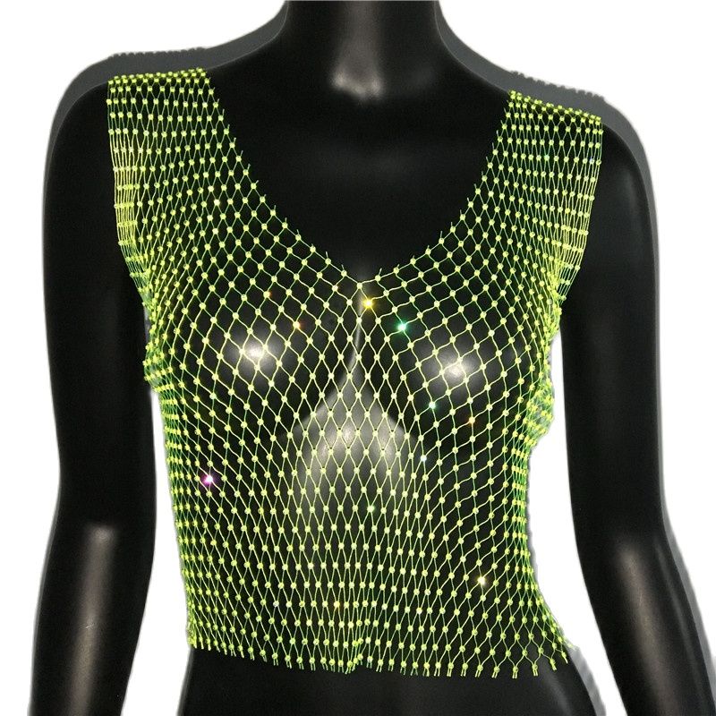 Women's Fishnet Rhinestone Crop Top 2023 Summer Sexy Mesh High Elastic Black White Shirt Net See Through Rave Diamond Tank Top green V neck