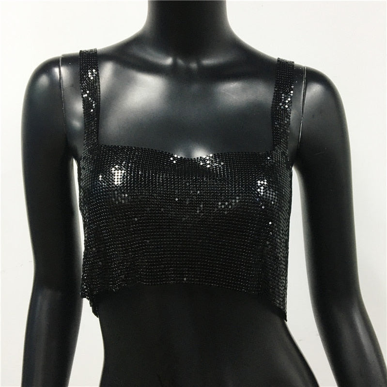Sexy Metal Sequin Tank Top For Women y2k Summer Beach Backless Crop Top Rave Festival Club Outfits Camisole Black One Size