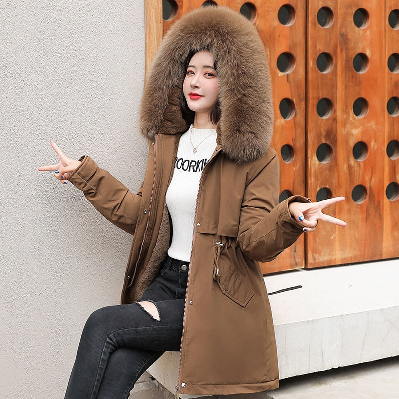 Women Parka Fashion Long Coat Wool Liner Hooded Parkas New Winter Jacket Slim with Fur Collar Warm Snow Wear Padded Clothes Coffee