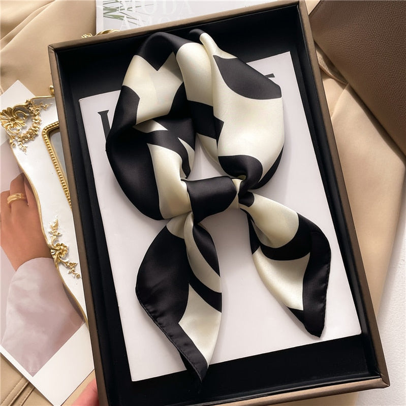 Fashion Hair Scarf for Women Decor Headband Ribbon Satin Silk Square Scarves Lady Wrist Wrap Shawls Design Bandana Foulard FJ704-2