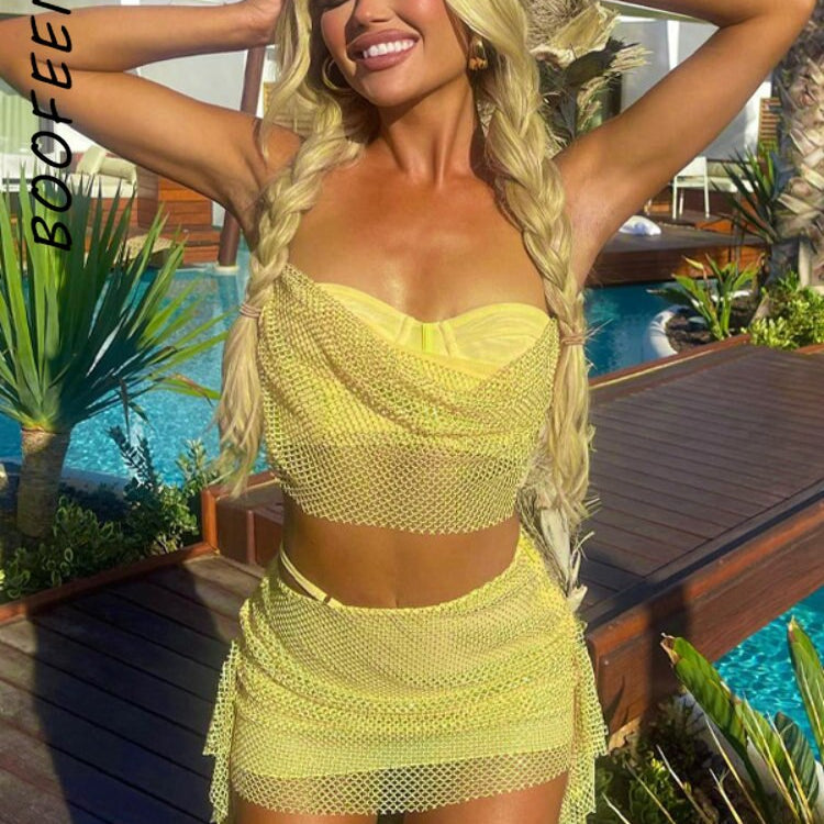 BOOFEENAA Fishnet Mesh Yellow 2 Piece Skirt Sets Sexy Summer Rave Festival Outfits New Arrivals 2023 Womans Clothing C16-CE22