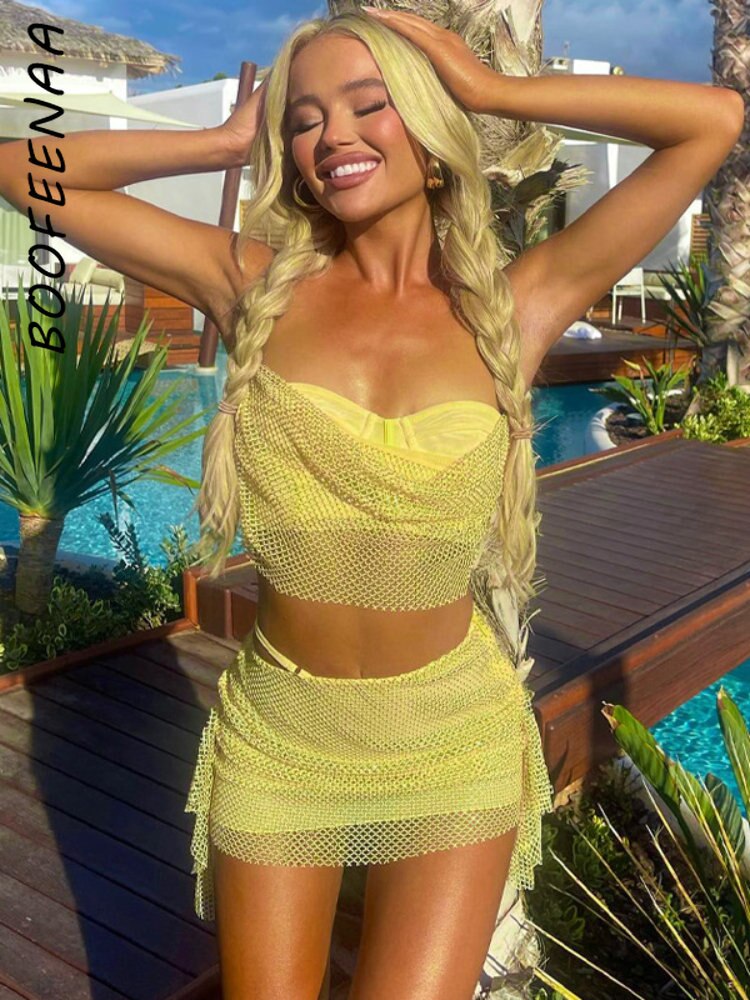 BOOFEENAA Fishnet Mesh Yellow 2 Piece Skirt Sets Sexy Summer Rave Festival Outfits New Arrivals 2023 Womans Clothing C16-CE22