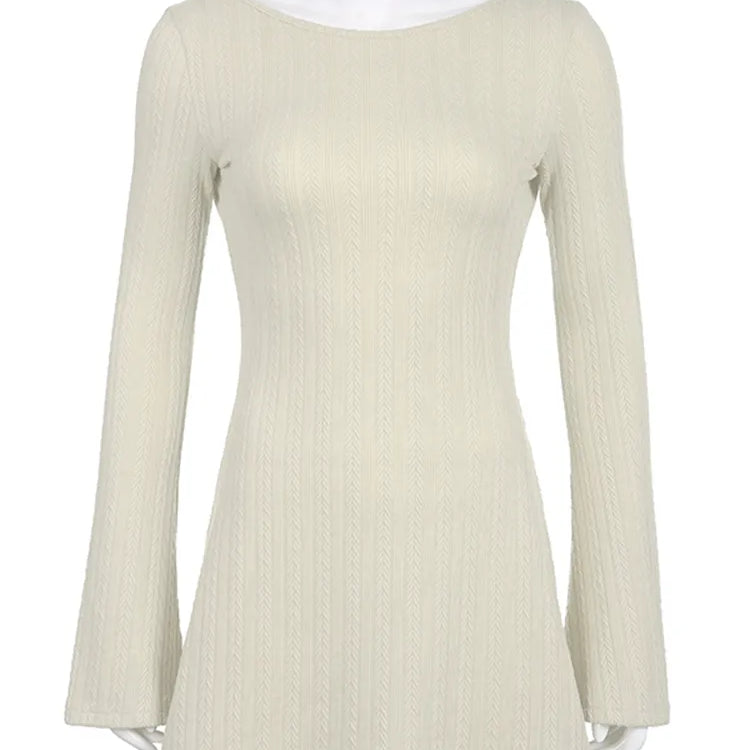 Solid Knitted Backless Dresses for Women Autumn Winter Elegant Long Sleeve Bodycon Mini Dress Casual