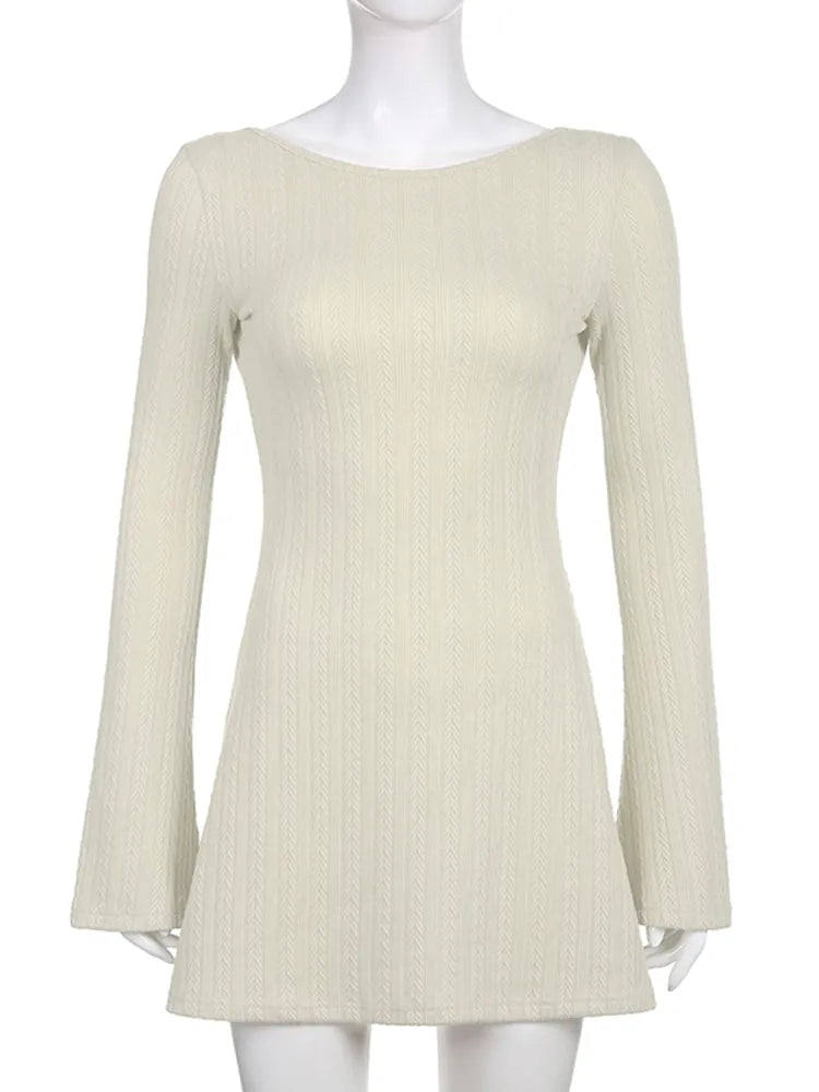 Solid Knitted Backless Dresses for Women Autumn Winter Elegant Long Sleeve Bodycon Mini Dress Casual