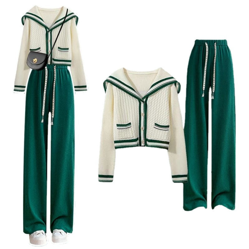 Sailor Collar Two Piece Set for Women Knitted Cardigan + Pant Sets Long Sleeve Korean Outfit Tracksuit New Knit Autumn Suit