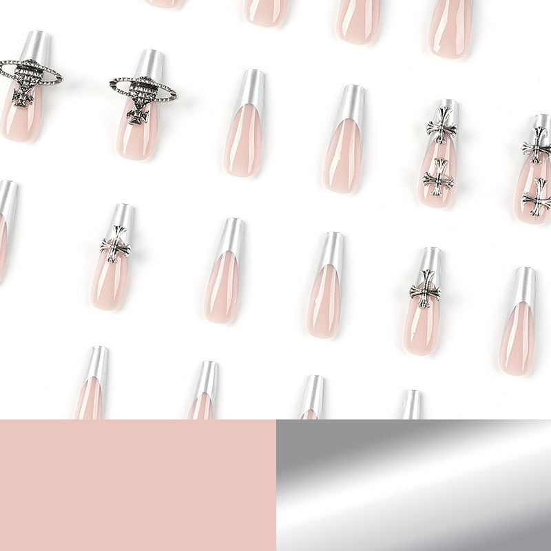 JP2347 Silver French Tip Press on Nails Wholesale Bulk,XXL Reusable Stick on Nails Set Press on