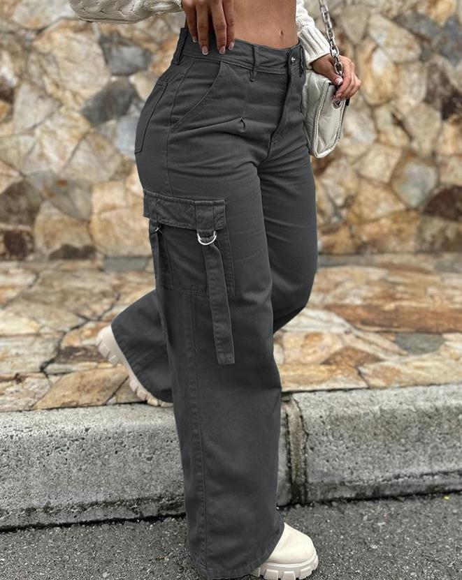 Green Cargo Pants Pocket Design High Waist Button Solid Color Pants Summer New Fashion Loose Women's Pants Streetwear B