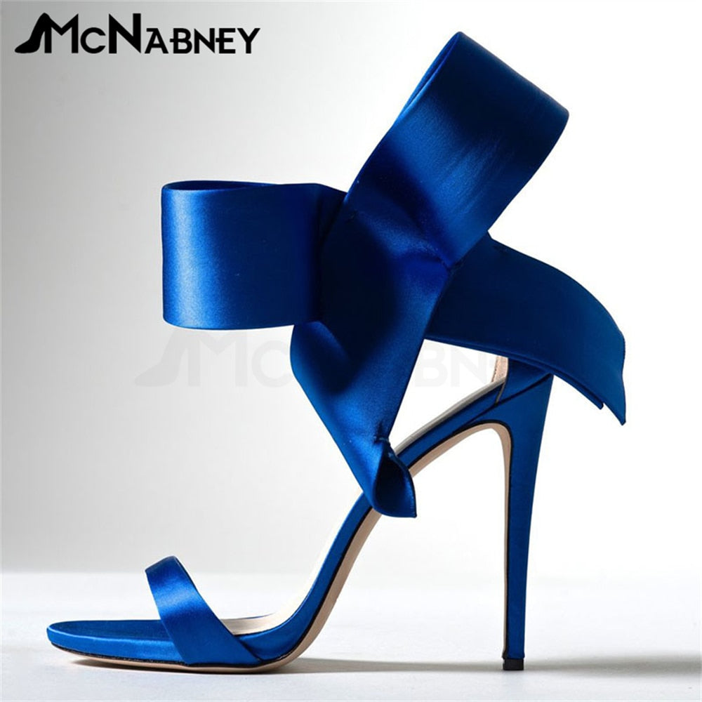 Satin Butterfly Knot High Heels Stiletto Pointed Toe Sandals Luxury Style Shoes Fashion High Heels Shiny Rhinestone Sandals Sale Satin-Blue