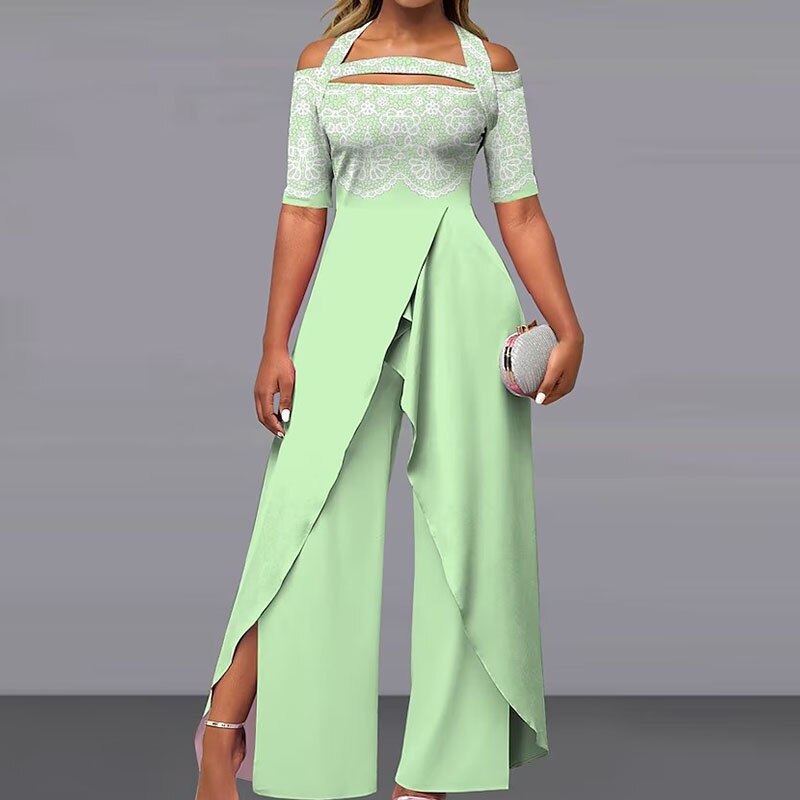 Elegant Pattern Print Short Sleeve Long Jumpsuit Women Chic Backless Lace-up Irregular Overall Fashion Female Split Romper 06 Light Green