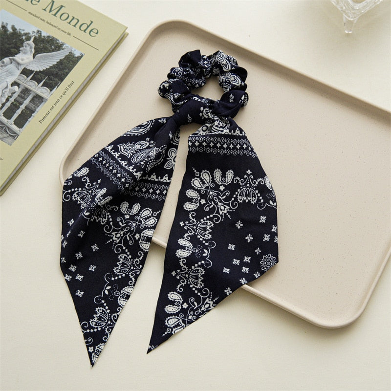 Fashion Print Chiffon Long Ribbon Scrunchies Women Girls Ponytail Scarf Elastic Hair Bands Ties Hair Accessories Wholesale 42