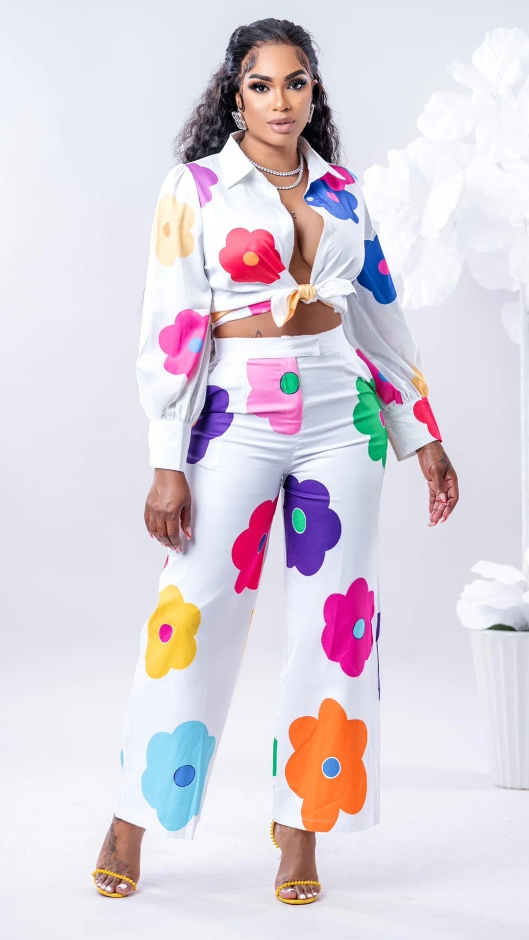 Flora Printed Women 2 Piece Set Elegant Button Up Blouse&shirts Wide Leg Pants Matching Set Autumn Office Lady Tracksuits White