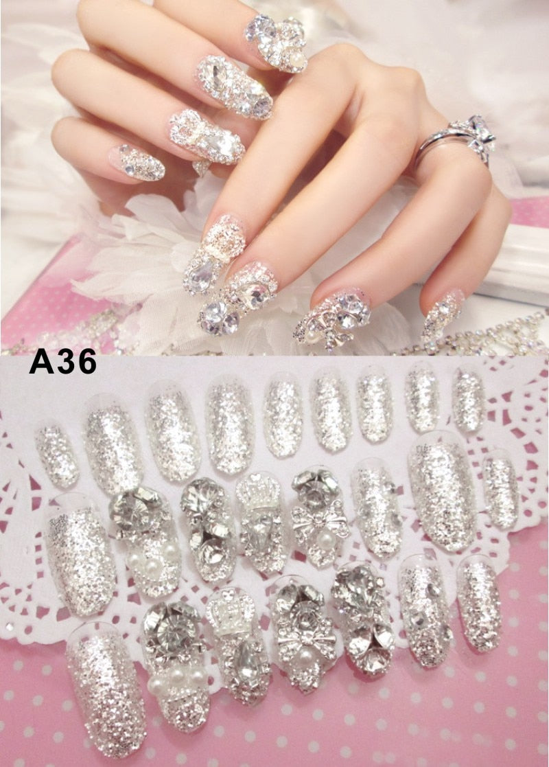 24Pcs/box Luxe Shining Rhinestone Wedding False Nails Transparent Glitter Gems Crown Designed Square Full Short Fake Art Bride A36