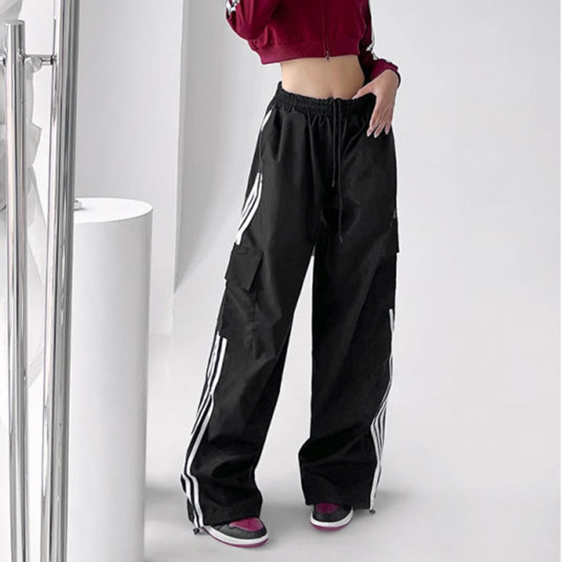 MEXZT Striped Sweatpants Women Hip Hop Streetwear Baggy Wide Leg Cargo Pants Bf Y2K High Waist Drawstring Joggers Trousers Black