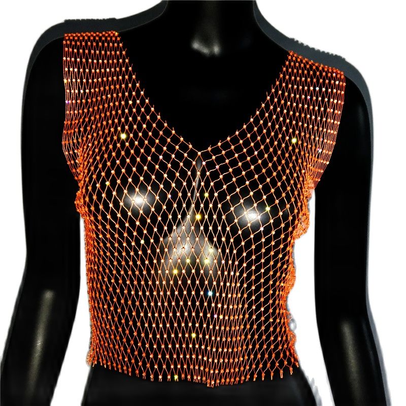 Women's Fishnet Rhinestone Crop Top 2023 Summer Sexy Mesh High Elastic Black White Shirt Net See Through Rave Diamond Tank Top Orange V neck