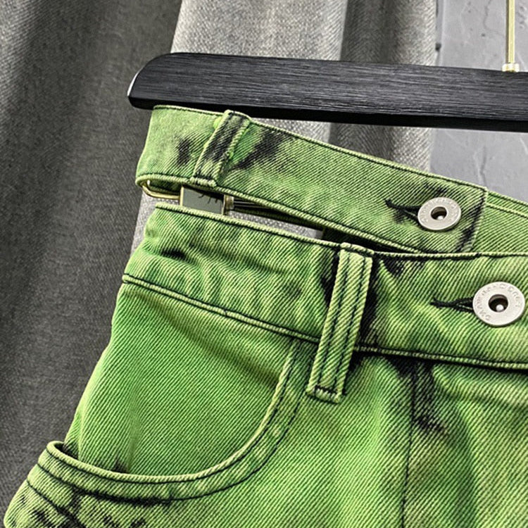 Fashion Women's Personalized Double Waist Design Green A-line Denim Skirt Asymmetric Hot Girl Short Skirts 2023