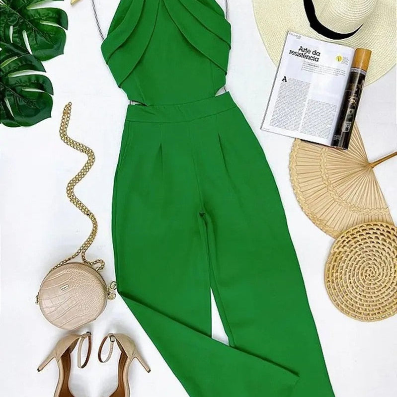 Elegant Europe and America New Solid Fashion Chain Neck Fold Sleeveless Sexy Office Lady Jumpsuit Women Summer OTTD Romper A