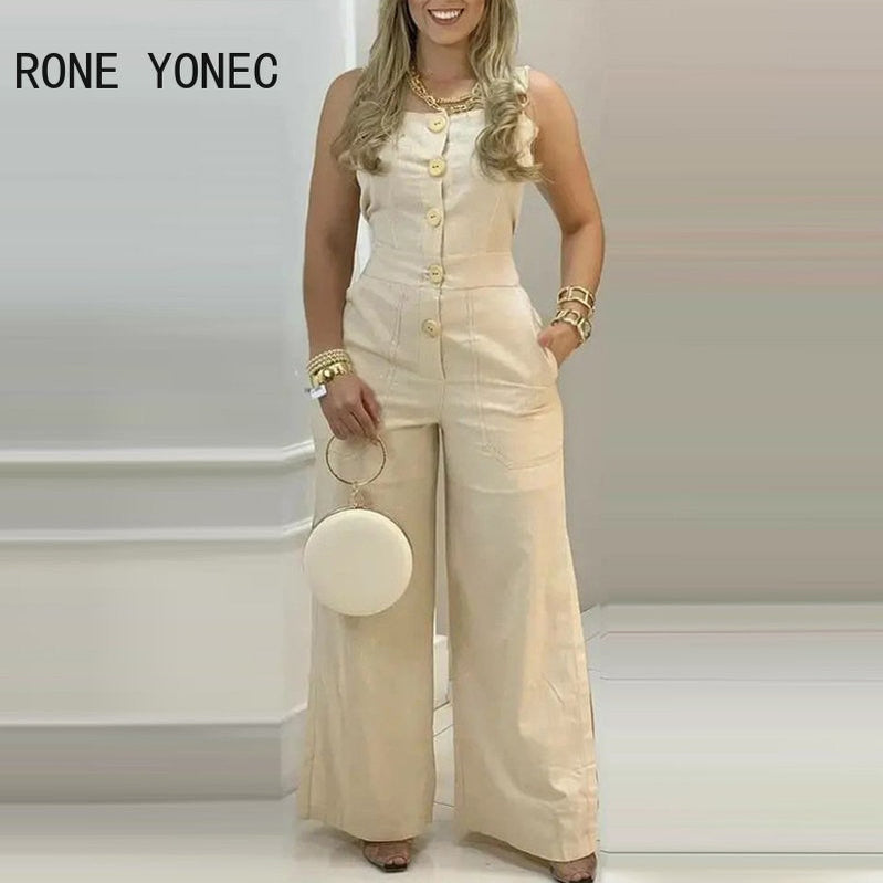 Women Elegant Sexy Solid Thick Straps Button Pocket Sleeveless Straight Silt Casual Jumpsuit Khaki