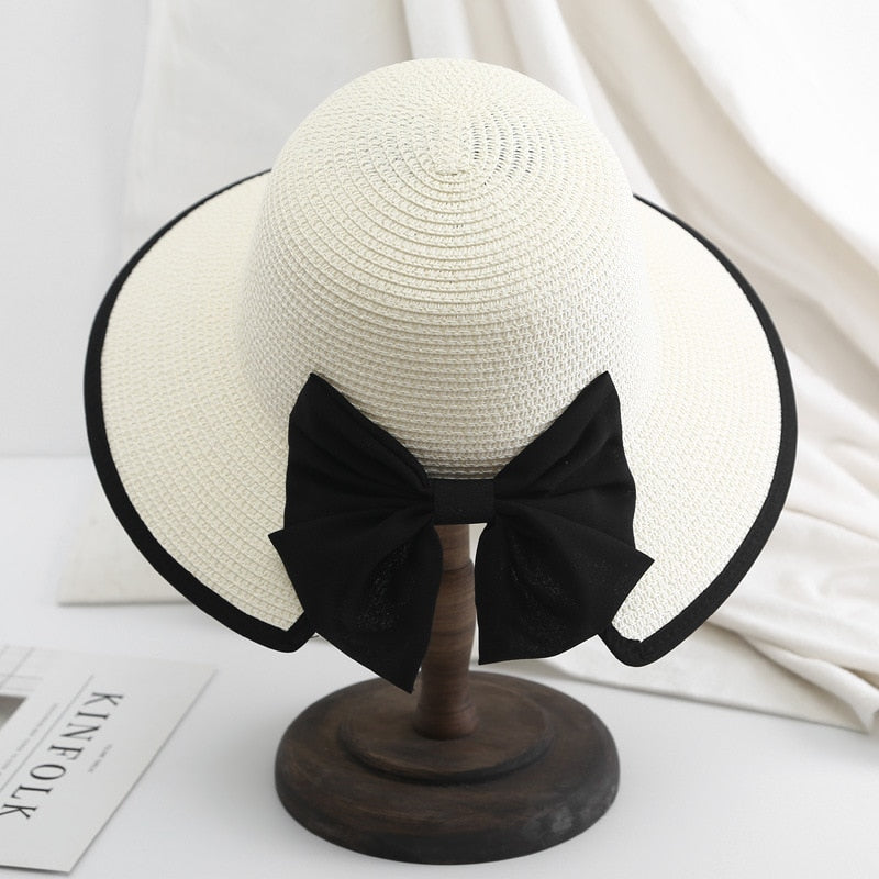 Women's Beach Panama Summer Hat Travel casual bowknot Straw Hat Fashion Beach Holiday ladies sun bucket Hat White 56-58 cm