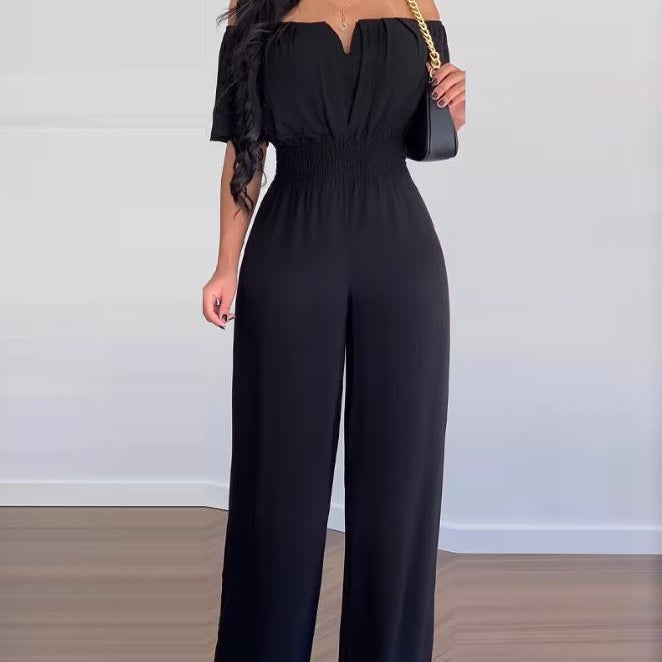 Jumpsuits for Women Spring Fashion Off Shoulder Casual Plain Short Sleeve Shirred Waist Daily Long Wide Leg Jumpsuit B