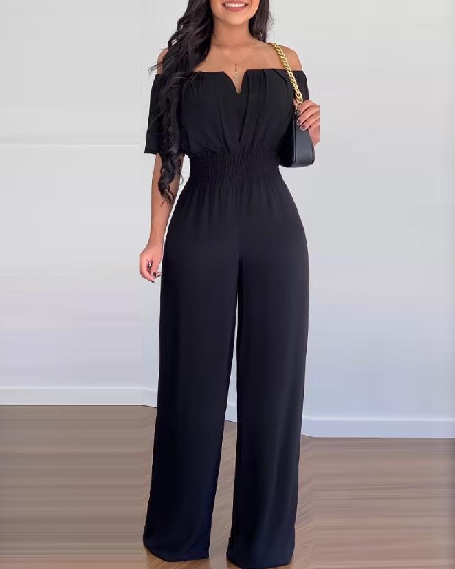 Jumpsuits for Women Spring Fashion Off Shoulder Casual Plain Short Sleeve Shirred Waist Daily Long Wide Leg Jumpsuit B