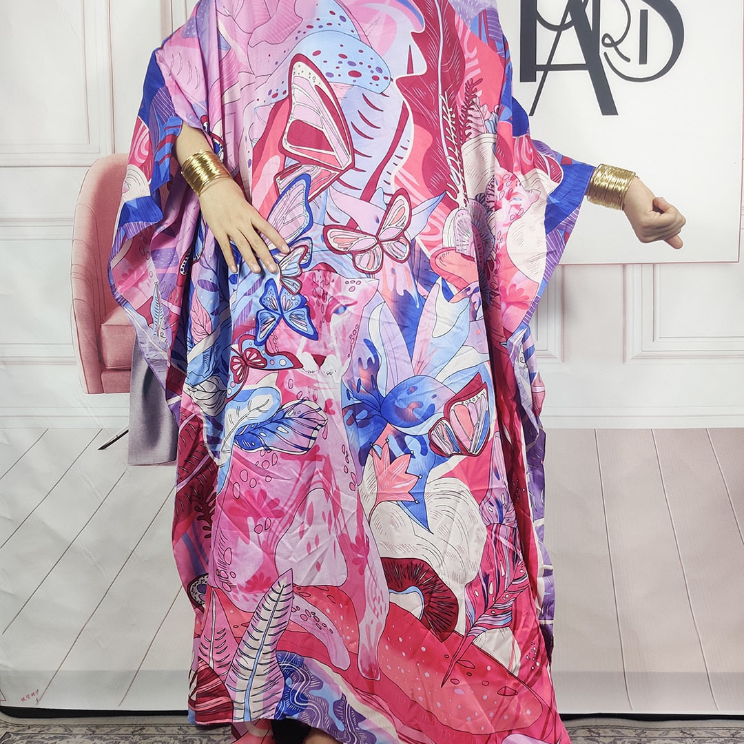 Kuwait Fashion - 2023 Summer Boho Loose Silk Kaftan Maxi Dress Oversized African Muslim Lady Abaya color 5 One Size