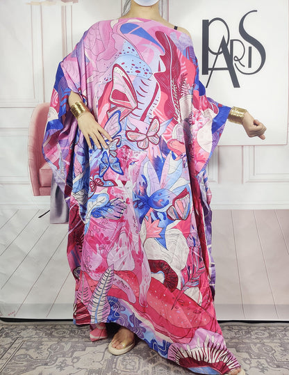 Kuwait Fashion - 2023 Summer Boho Loose Silk Kaftan Maxi Dress Oversized African Muslim Lady Abaya