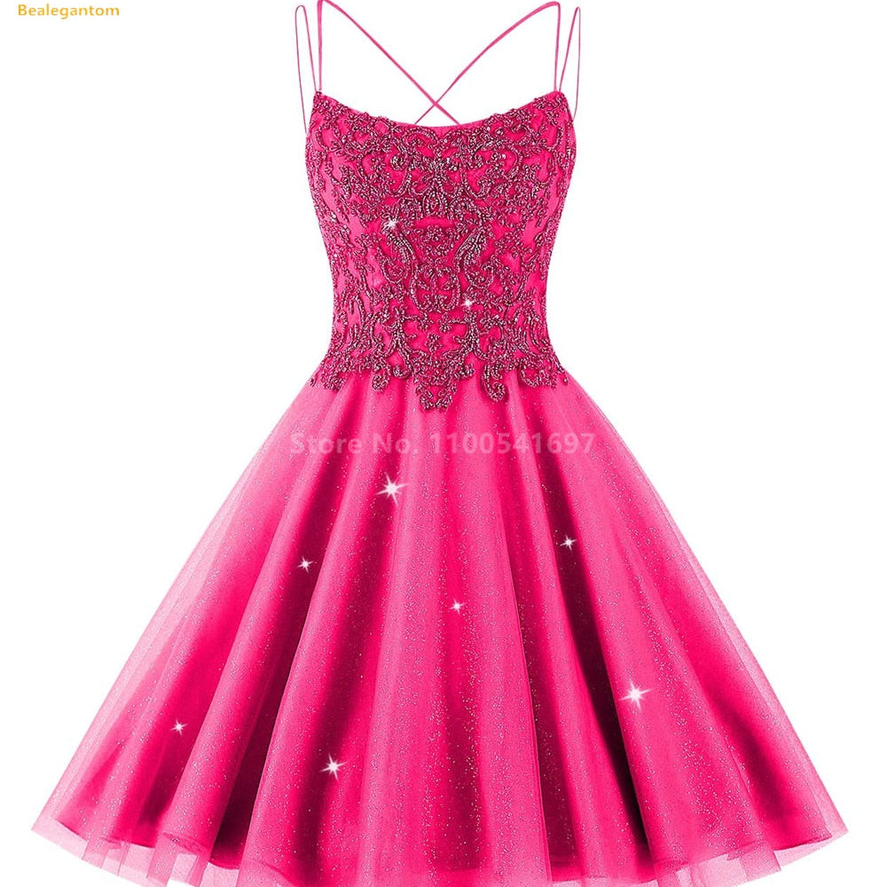 Bealegantom Lace Beaded Spaghetti Homecoming Dresses Sparkly Tulle Pageant Short Prom Party Cocktail Gown Vestidos De Graudation hot pink