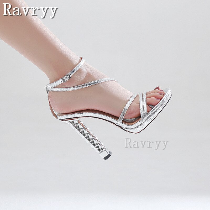 Leather High Heel Sandals Gold Sliver Waterproof Platform Round Toe Buckle Strap Women's Sexy Stiletto Shoes