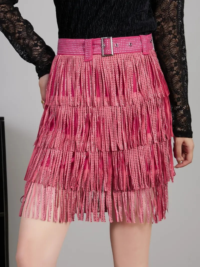 Women Skirt Fashion New Autumn High Waist Belt Multi Layer Short Heavy Drilling Rhinestones Fringed Skirt with Cake A Line pink skirt