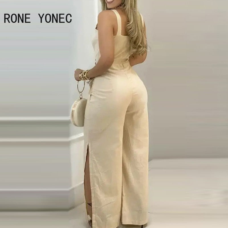 Women Elegant Sexy Solid Thick Straps Button Pocket Sleeveless Straight Silt Casual Jumpsuit