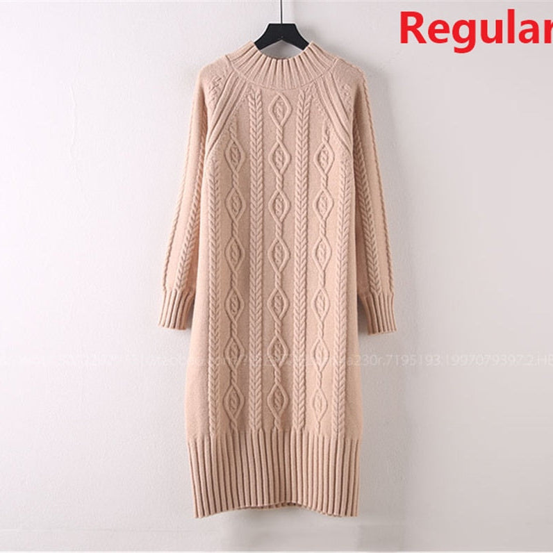 Winter Thicken Plus Velvet Sweater Dress Women's Fall Mock Neck Rib Knit Bottoming Dresses Elegant Warm Vestido Midi With Coats khaki